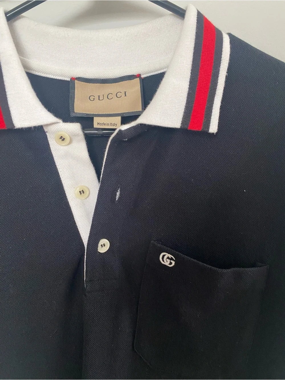 Gucci Black Polo with White Trim and Red-Black Stripe Collar